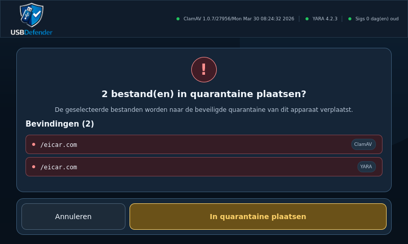 USB Defender — quarantaine bevestigen